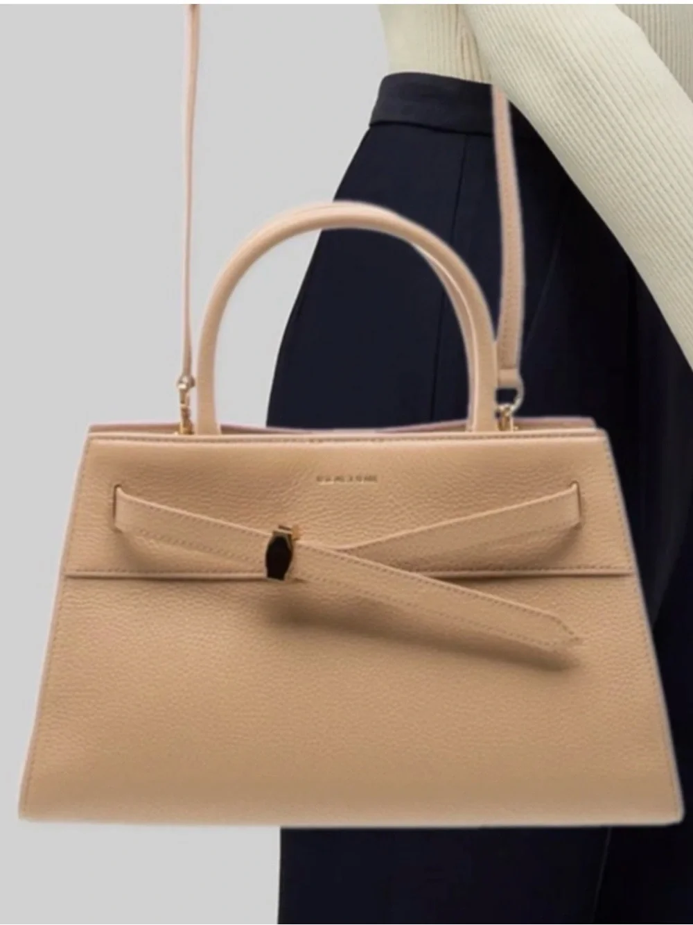 Veronica Beard Beige Pebbled Leather Satchel with Removable Strap